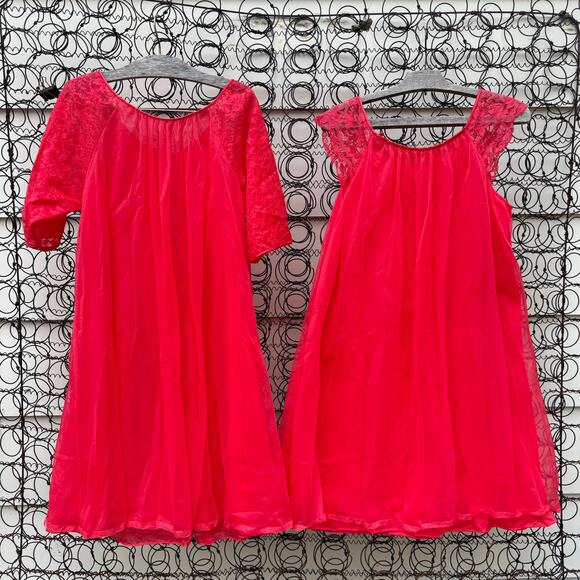 VTG 60s Vanity Fair 2 Layer Red Chiffon Peignoir Robe Nightgown Satin Lace Set S - Picture 2 of 10